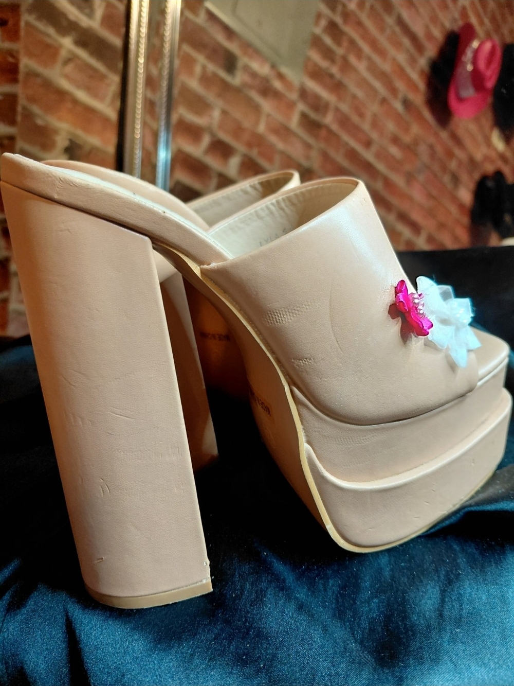 Mixx Shuz Blush Platform Mule Heels with Pink & White Floral Accent